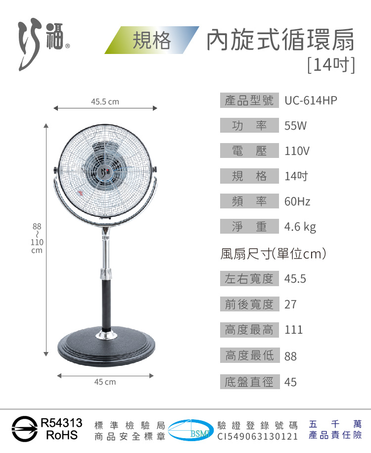 巧福14吋內旋式循環扇UC-614HP /MIT /馬達保固2年